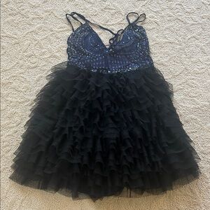 Ruffled Tulle Party Dress with Beaded Bodice - Black & Navy